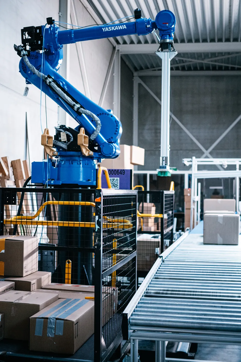 Blauwe Yaskawa-palletiseerrobot naast een rollenbaan met dozen